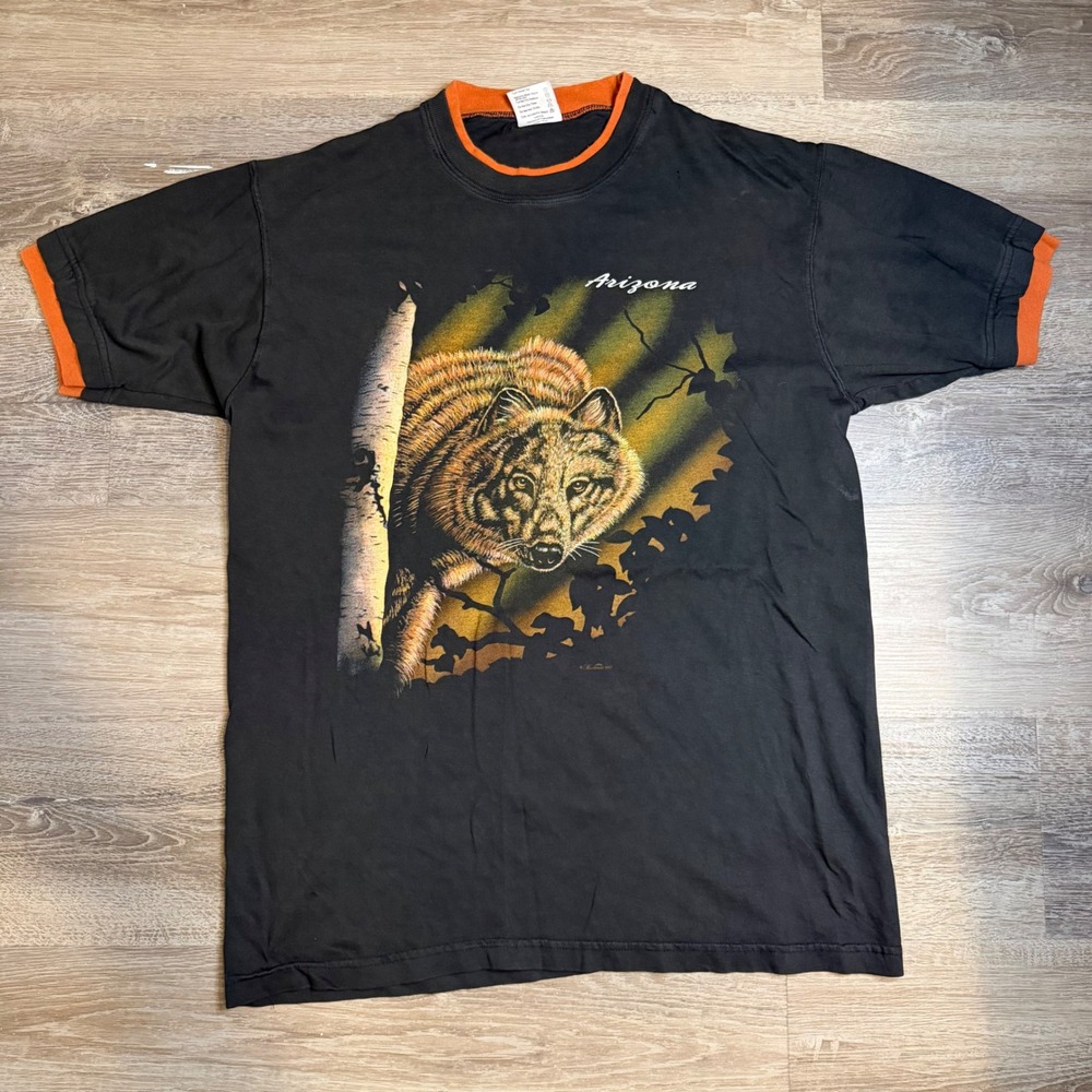 Vintage 1993 Hazelwoods Arizona Wolf Graphic Ringer Tee Mens Large Black Orange